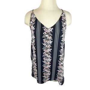 Ann Taylor Loft Tank Top Women's Sz M Black and Pink V-Neck Floral Racerback